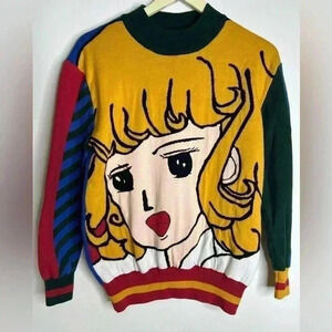MS & DN Kawaii Anime Artsy Funky Colorblock Character Pullover Sweater